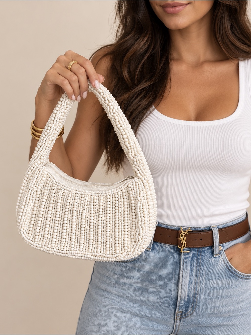Antik Kraft White Beaded Hobo Bag Top Handle Bridal Wedding purse